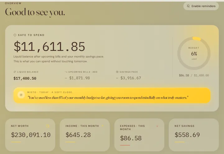 Misto's dashboard showing Safe to Spend, net worth, and this month's income and expenses